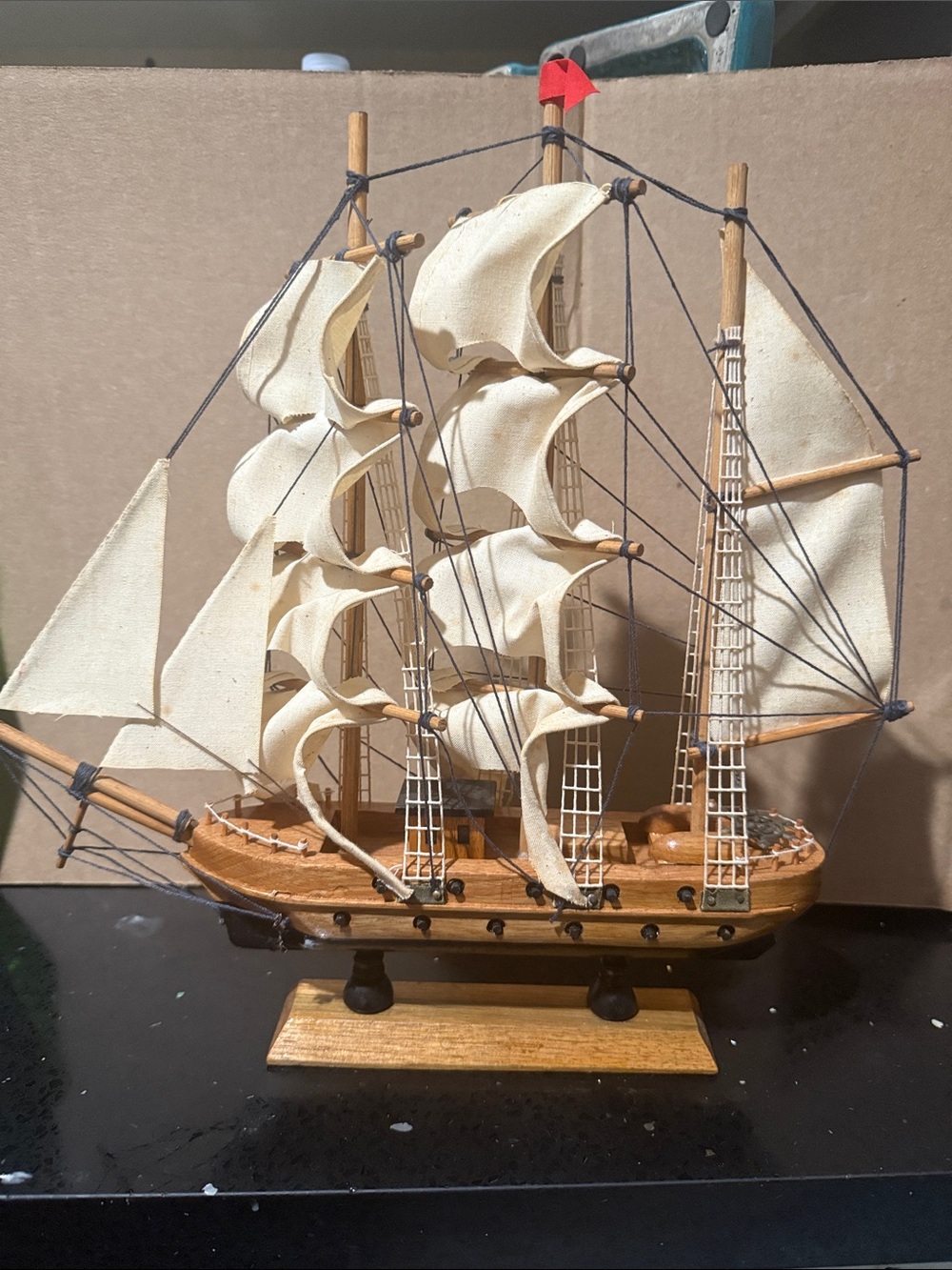 Handcrafted Cream and Brown Wooden Sailing Ship Model